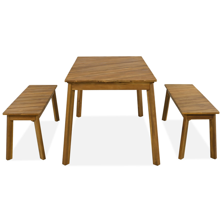 three-piece acacia wood dining set with table and two benches