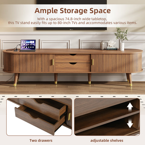 Fluted Oval TV Stand with Charging Station, Walnut, view 6