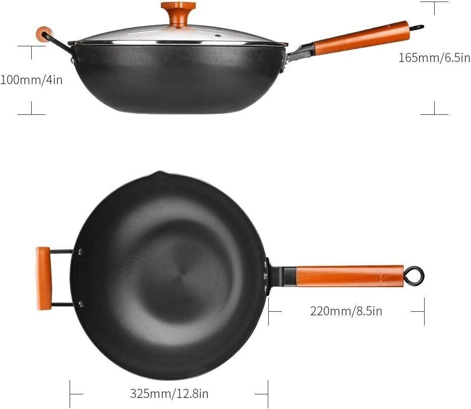 SKY LIGHT Wok Pan with Lid, Stir Fry Pan 12.5-inch, 100% Carbon Steel 12232