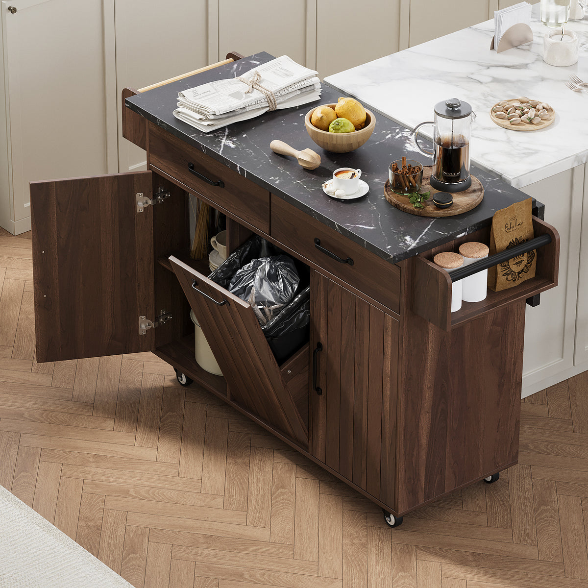 Rolling Kitchen Island Cart with Trash Can Storage, Drop-Leaf Countertop, Drawer, Adjustable Shelf, Spice & Towel Rack – Walnut Brown