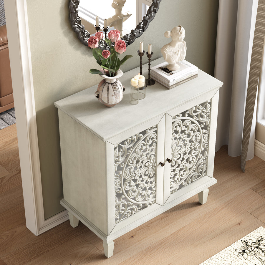 Vintage Accent Cabinet with Carved Floral Doors and Solid Wood Legs, Antique Gray, view 2