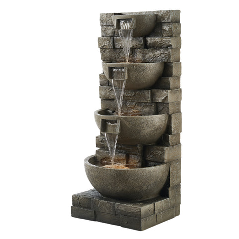 4-Tier Block Stack Fountain with LED Light, 35.4 in Dark Gray Resin