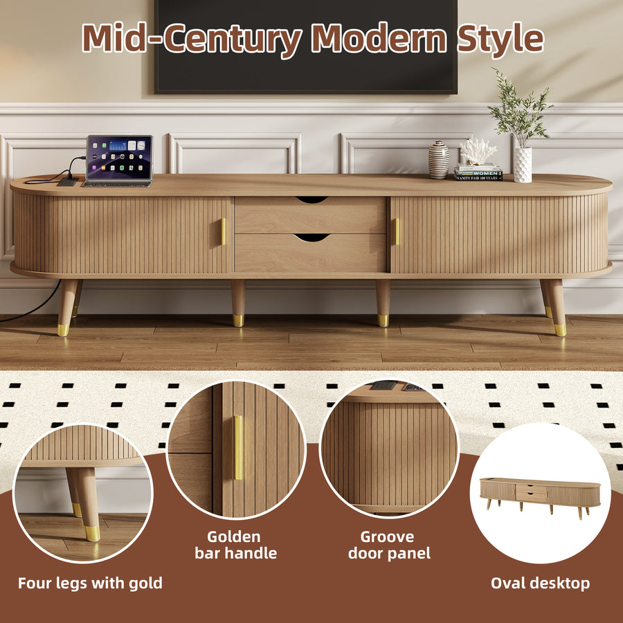 Fluted Oval TV Stand with Charging Station, Natural, view 5