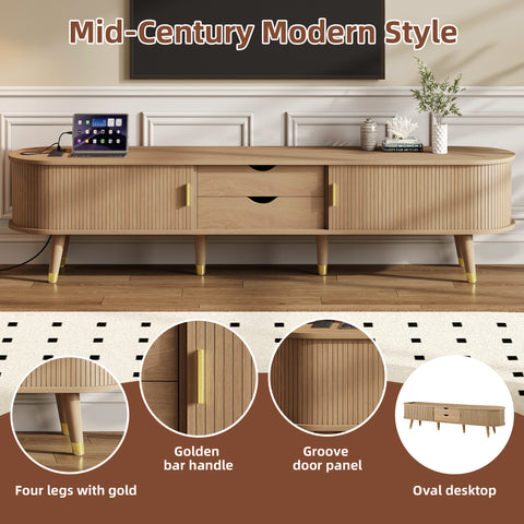 Fluted Oval TV Stand with Charging Station, Natural, view 5