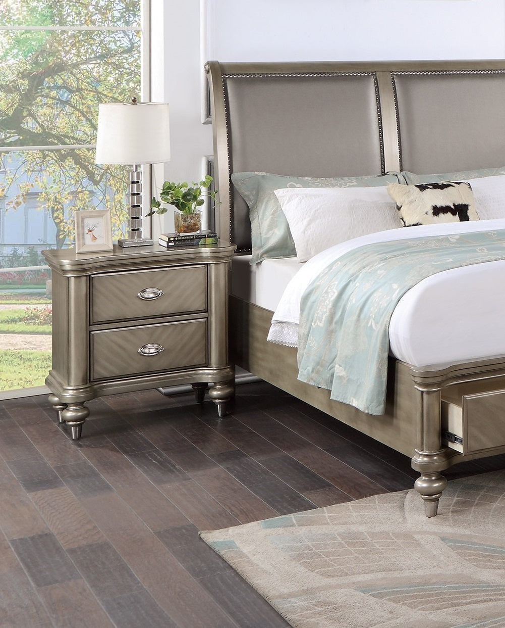 Luxury Classic Nightstand - Antique Silver/Champagne Finish with Storage