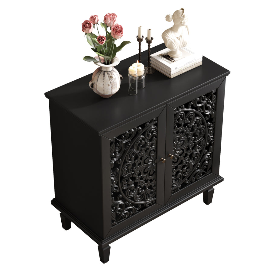 Vintage Accent Cabinet with Carved Floral Doors and Solid Wood Legs, Black, view 17