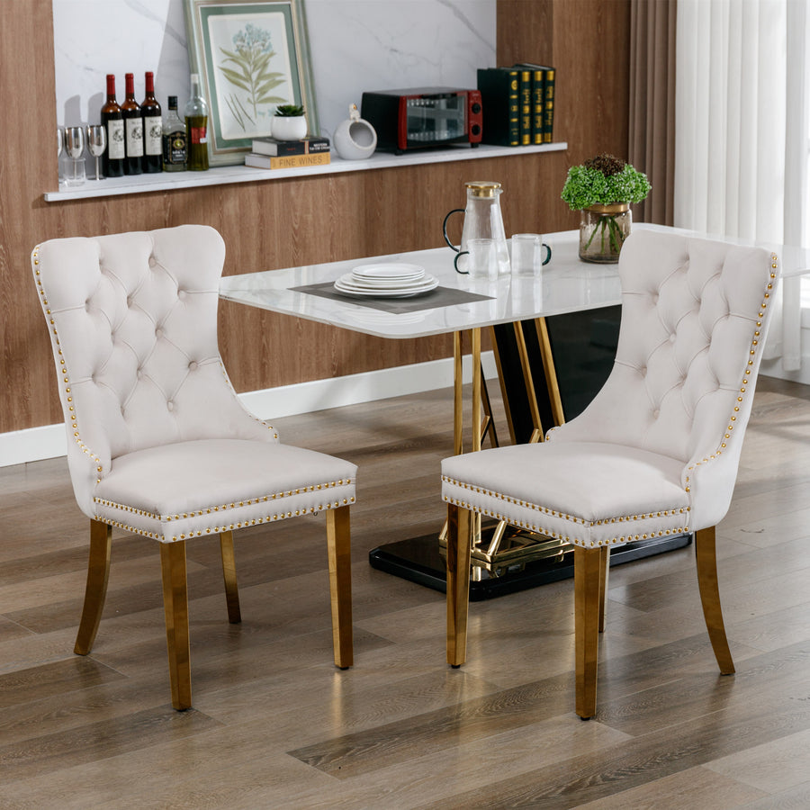 Nikki Collection 2PC Modern Tufted Dining Chairs - Velvet Golden Steel Legs Beige Gold
