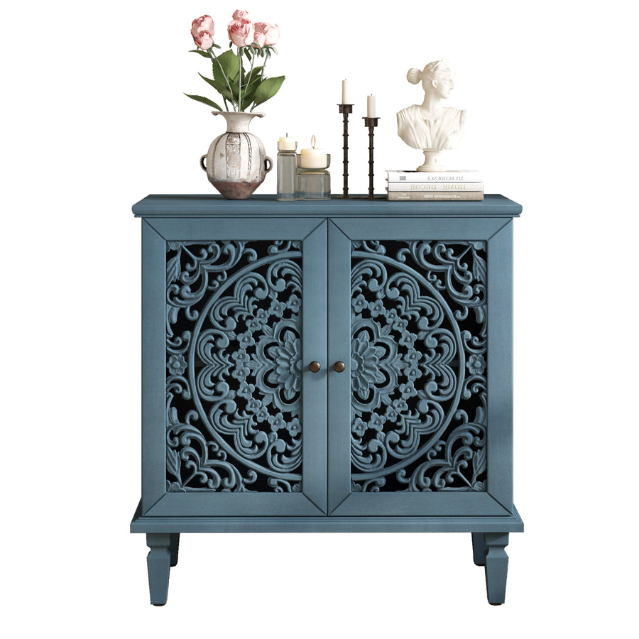 Vintage Accent Cabinet with Carved Floral Doors and Solid Wood Legs, Antique Blue, view 15
