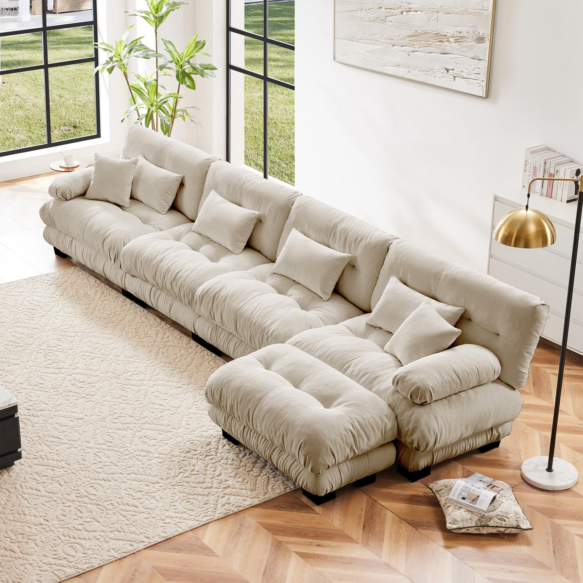 Light Coffee Chenille Modular Sectional Sofa - 4-Seat L-Shaped with Convertible Ottoman