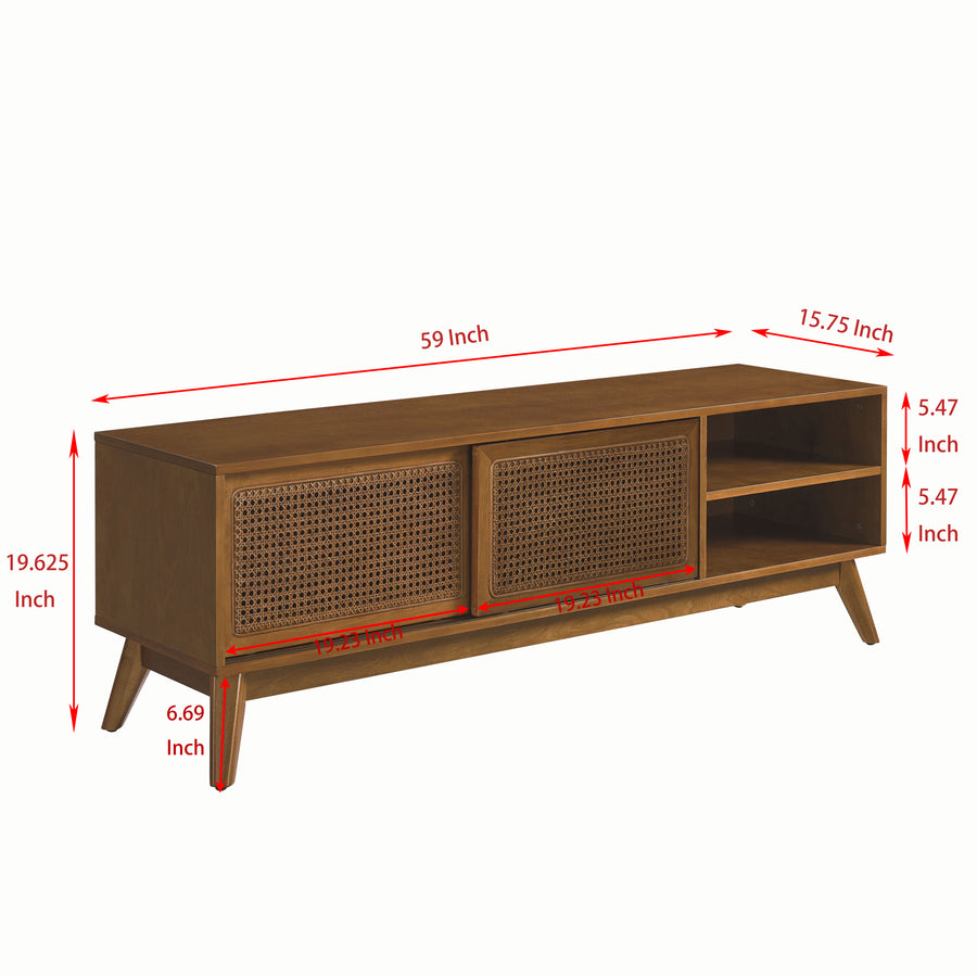 Mid-Century Rattan TV Stand for TVs Up to 65", Light Wood, view 11