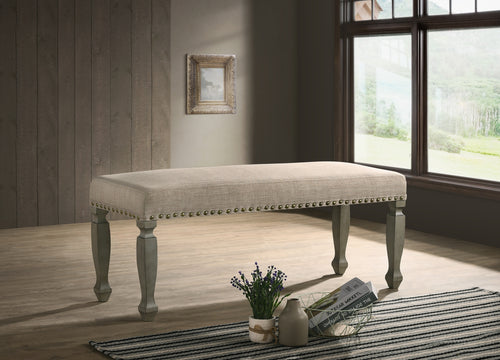 Upholstered Bench with Nailhead Trim and Turned Wood Legs, 48.6" Tan and Antique Gray