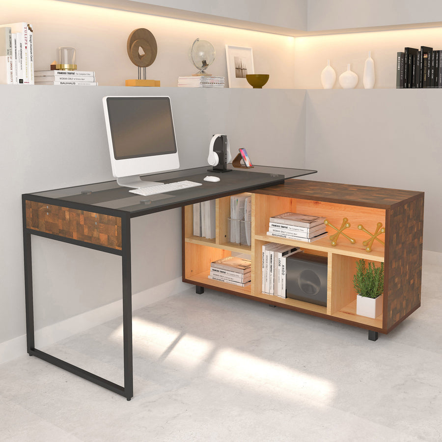 Techni Mobili oak L-shaped computer desk with six storage shelves