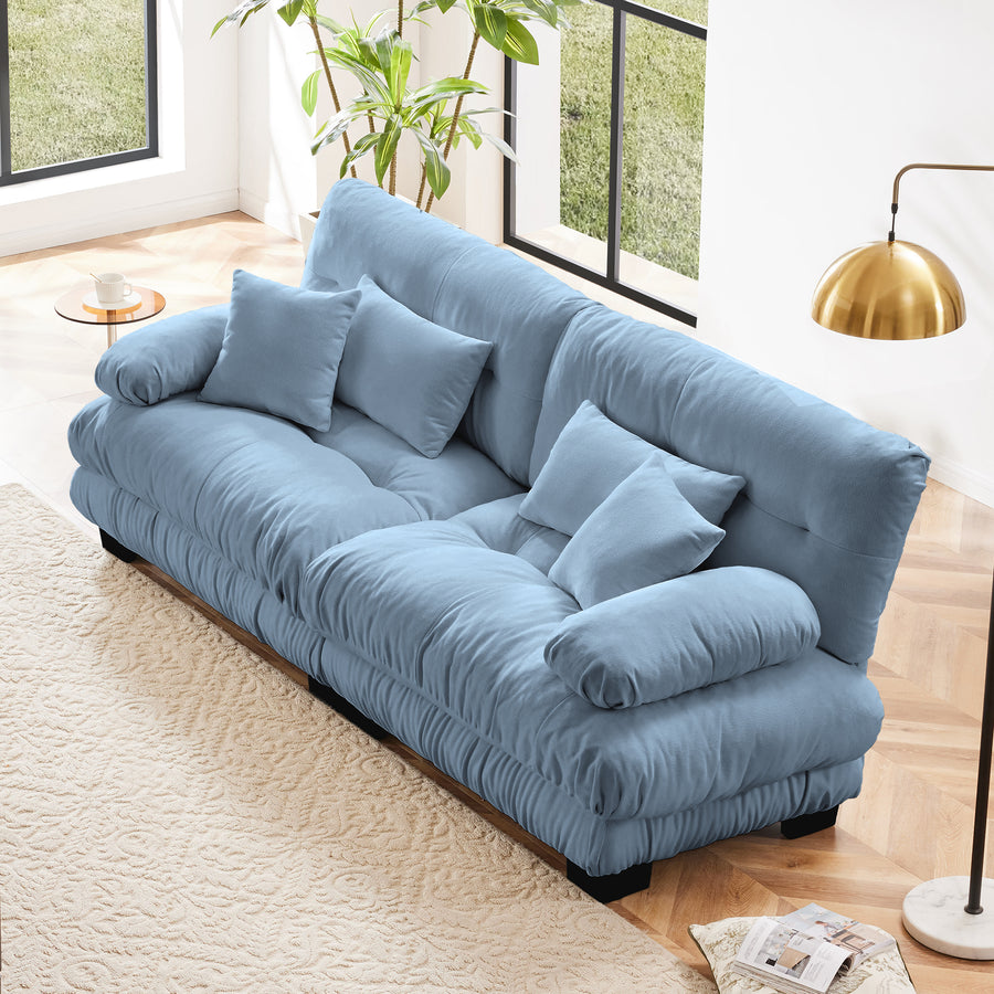 Blue Chenille Cloud Couch 4-Piece Modern L-Shaped Sectional Set | 2-Seater Sofa with Lumbar & Throw Pillows