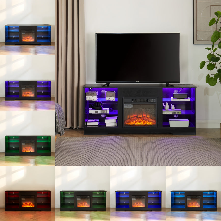 Electric Fireplace TV Stand with LED Lights and Glass Shelves, Black, view 6