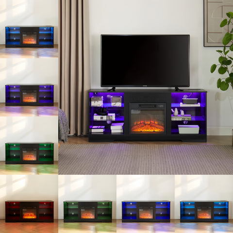 Electric Fireplace TV Stand with LED Lights and Glass Shelves, Black, view 6
