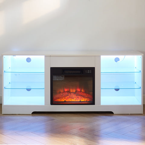 Electric Fireplace TV Stand with LED Lights and Glass Shelves, White, view 14