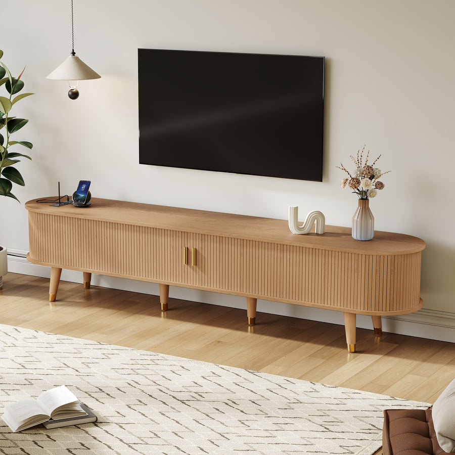 Fluted Oval TV Stand with Charging Station, Natural, view 3