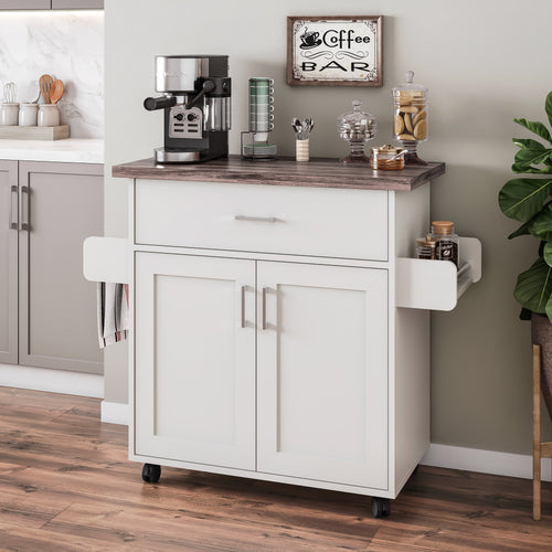 Mobile Kitchen Island Cart with Water-Resistant Top, Drawer and Cabinets, Natural and White
