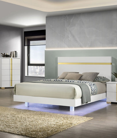 Modern King Bed with Under-Bed LED Lights and Acrylic Trim, White