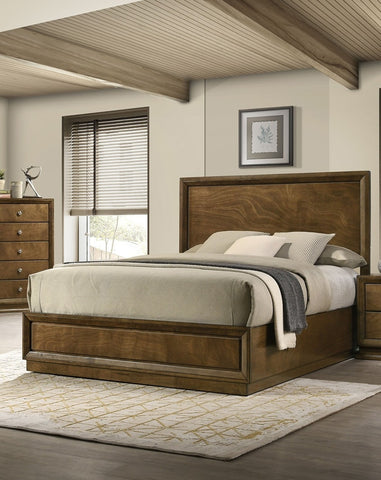 Transitional King Panel Bed with Tall Carved Headboard, Walnut, view 5