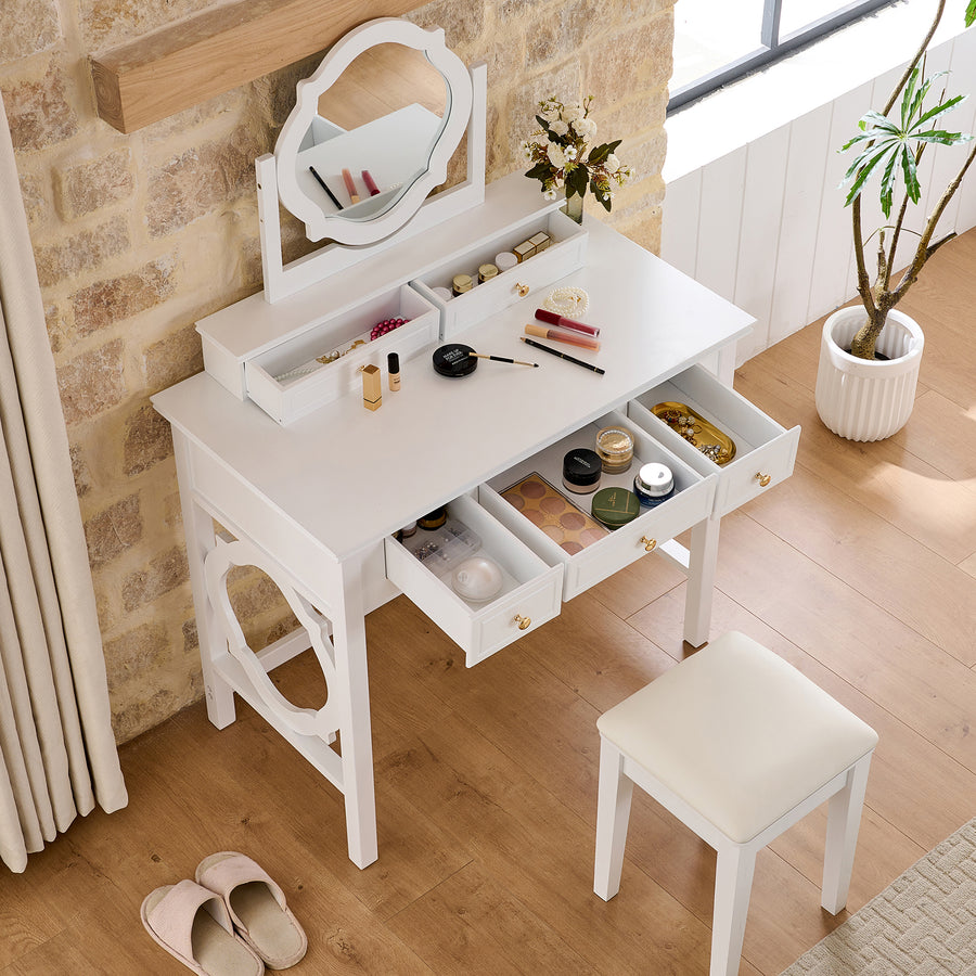 Compact White Vanity Table with Reversible Mirror & Stool – Space-Saving Makeup Dressing Table for Small Bedrooms
