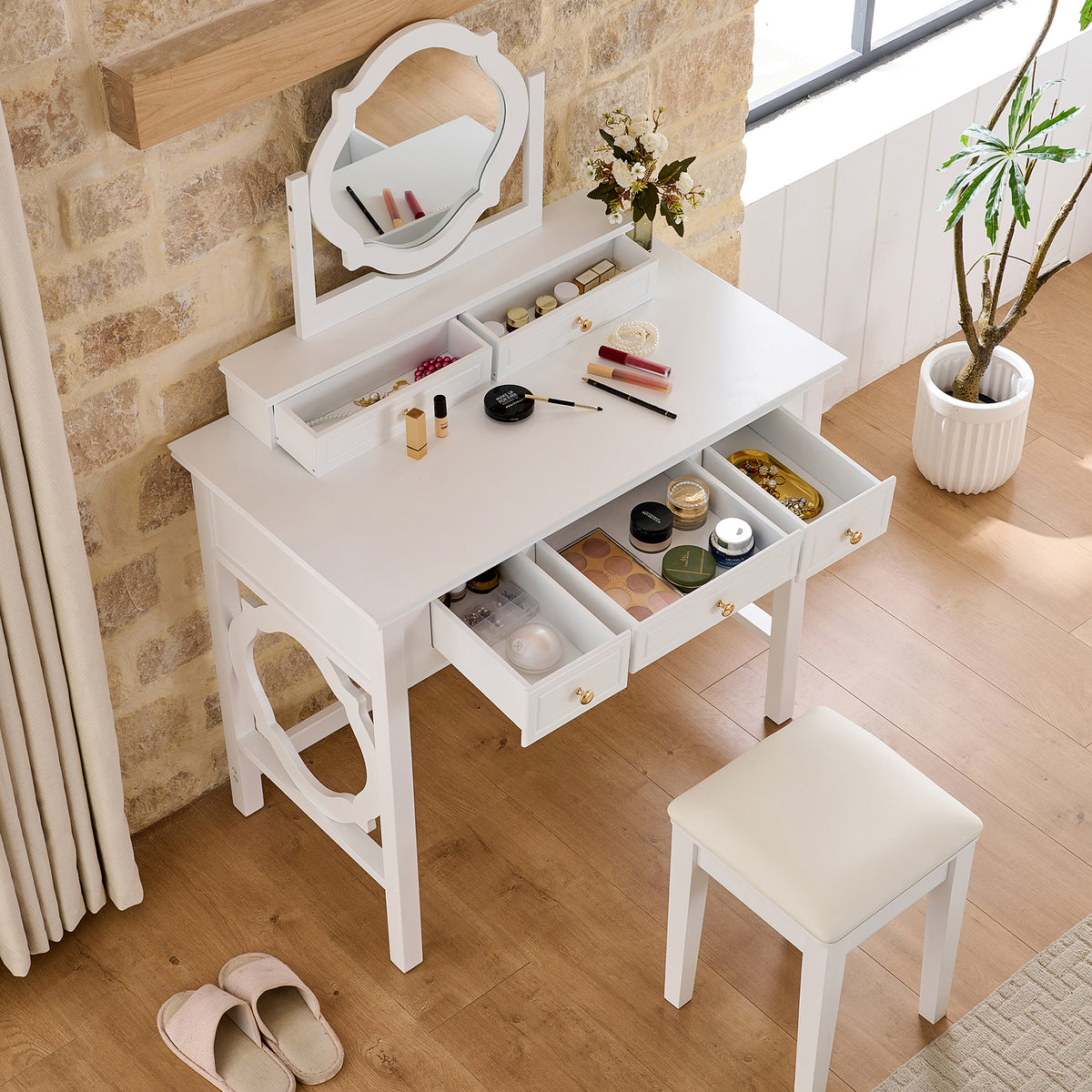 Compact White Vanity Table with Reversible Mirror & Stool – Space-Saving Makeup Dressing Table for Small Bedrooms