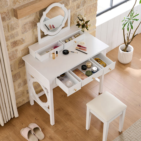 Compact White Vanity Table with Reversible Mirror & Stool – Space-Saving Makeup Dressing Table for Small Bedrooms