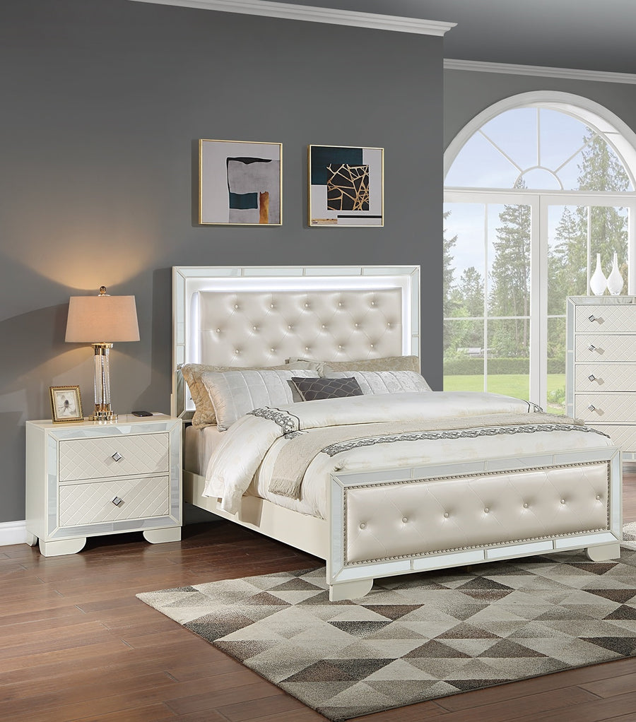 Tufted Faux Leather Queen Bed with LED Lights and Mirror Trim, Cream, view 7