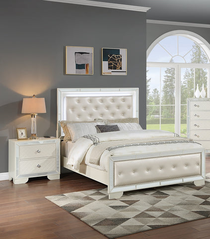 Tufted Faux Leather Queen Bed with LED Lights and Mirror Trim, Cream, view 7