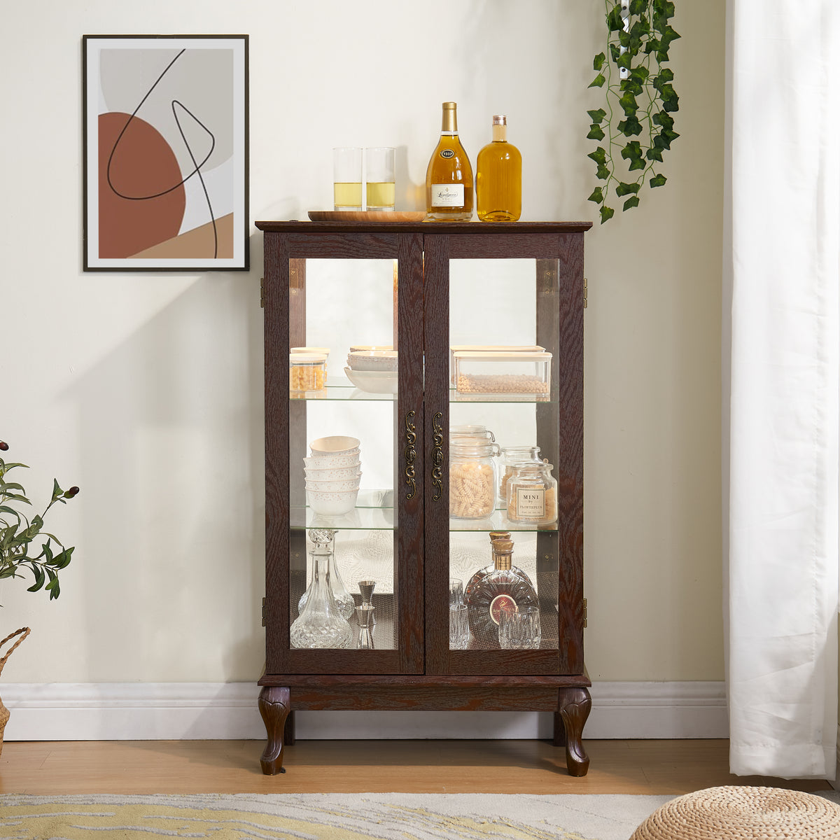 Lighted Curio Cabinet with Tempered Glass Doors and Mirrored Back, 44" Display Cabinet, Cherry