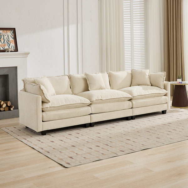 Cloud 3-Seat Sofa with Double-Layer Sponge Cushions, 113.8" Beige Chenille