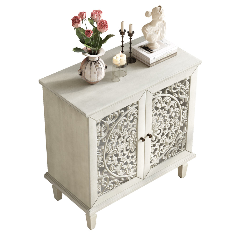 Vintage Accent Cabinet with Carved Floral Doors and Solid Wood Legs, Antique Gray, view 14