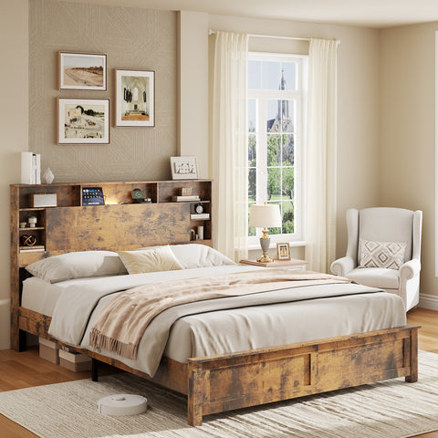 Queen Bed Frame with Bookcase Headboard, Dark Brown, view 2