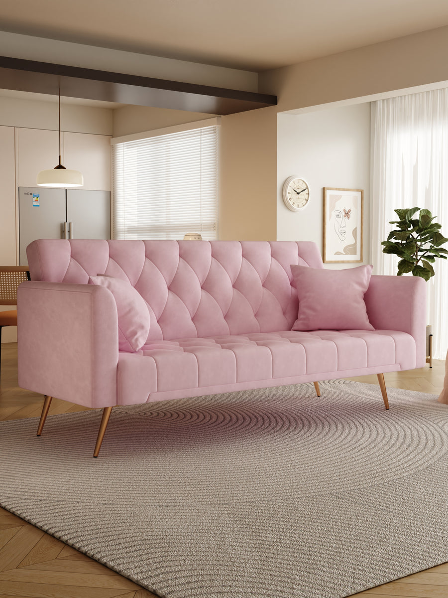 71" Convertible Loveseat Sofa – American Retro Pink Velvet, Small Space Friendly