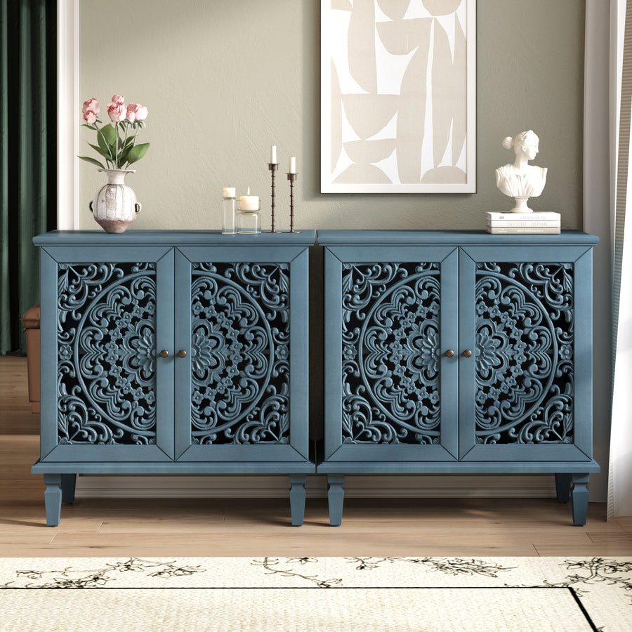 Vintage Accent Cabinet with Carved Floral Doors and Solid Wood Legs, Antique Blue, view 8