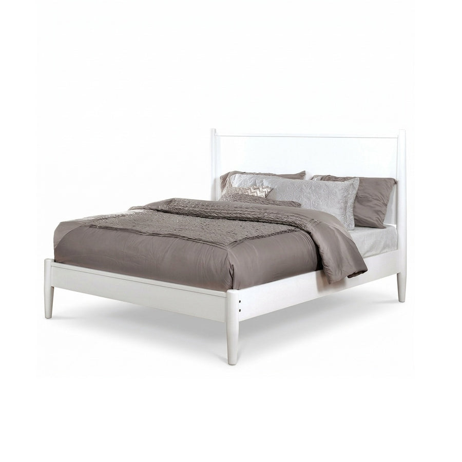 Mid-Century Modern Queen Platform Bed with Tapered Legs and Slats, White, view 3