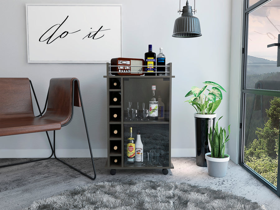 Vegas Gray Bar Cart with Glass Door & 6 Cubbies