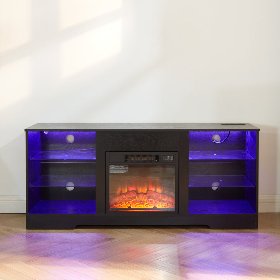 Electric Fireplace TV Stand with LED Lights and Glass Shelves, Black, view 12