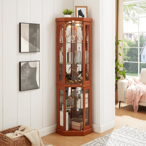 Lighted Corner Curio Cabinet with Glass Doors and Mirrored Back, Dark Oak, view 18