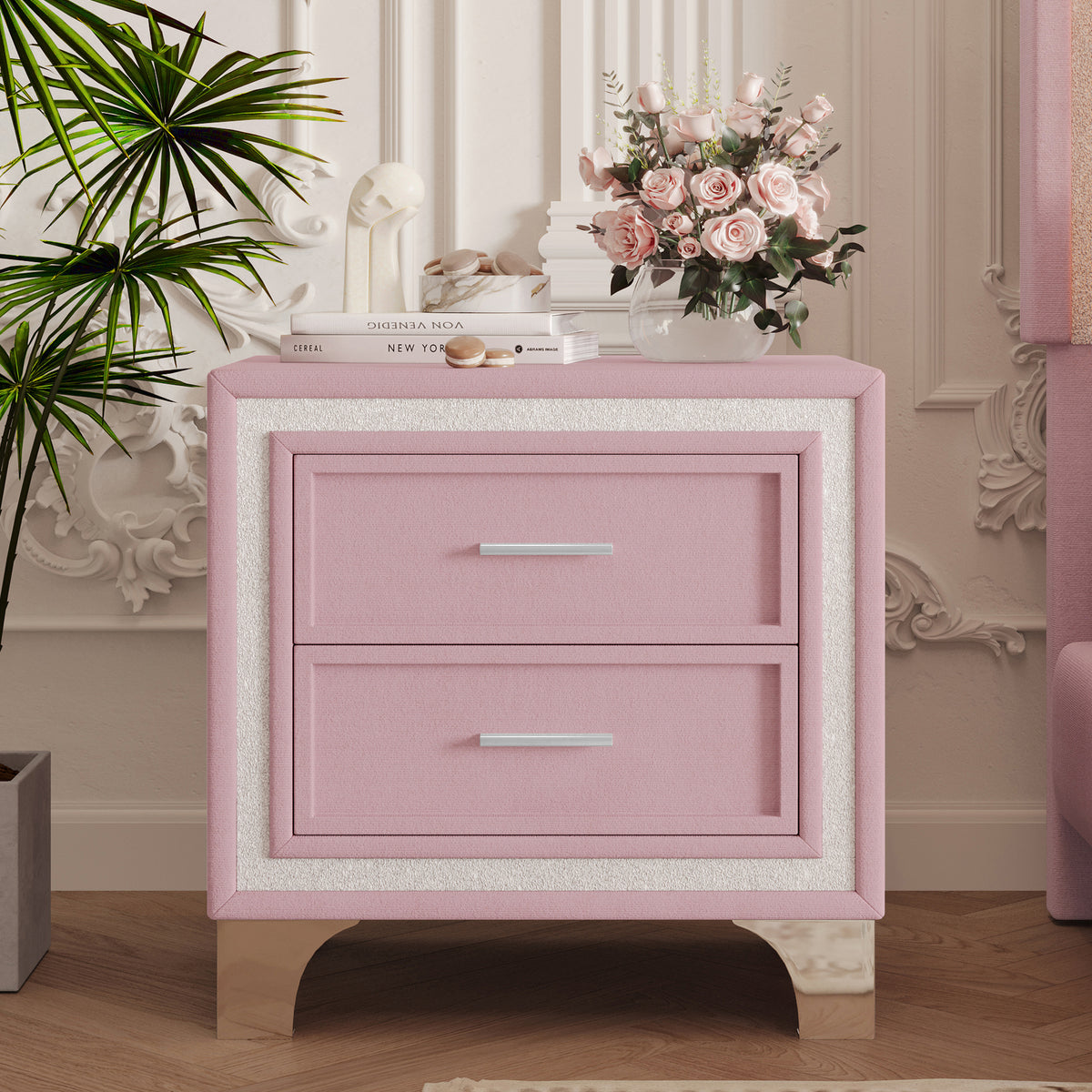 Pink Mid-Century Velvet 2-Drawer Nightstand – Vintage Bedside Table with Silver Glitter Accent & Metal Legs