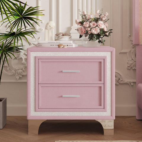 Pink Mid-Century Velvet 2-Drawer Nightstand – Vintage Bedside Table with Silver Glitter Accent & Metal Legs