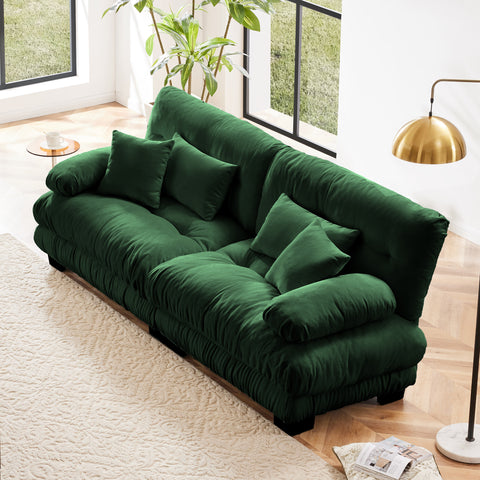 Green Chenille 2-Seat Cloud Sofa | W/ Lumbar & Throw Pillows