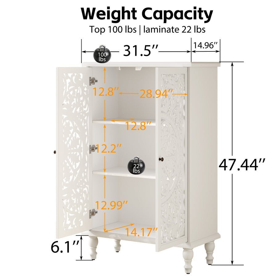 Farmhouse Accent Cabinet with Carved Hollow Doors and Turned Legs, Antique White, view 9