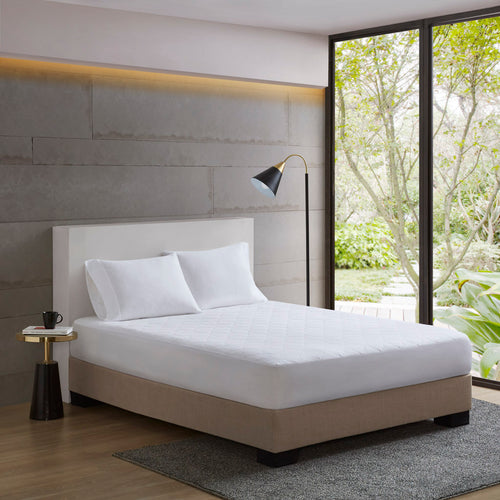 Quilted Cotton Percale Mattress Pad with Snug Fit Skirt, Fits Up to 16" Deep, 39" x 80" White