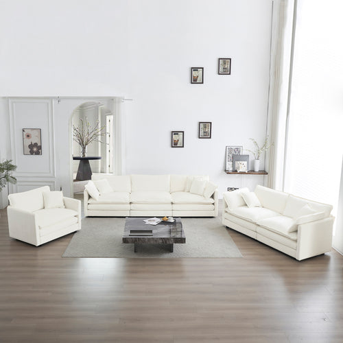 Oversized Deep Seat Sectional Sofa Set, 3-Piece with 3-Seat Sofa, Loveseat and Chair, White Chenille
