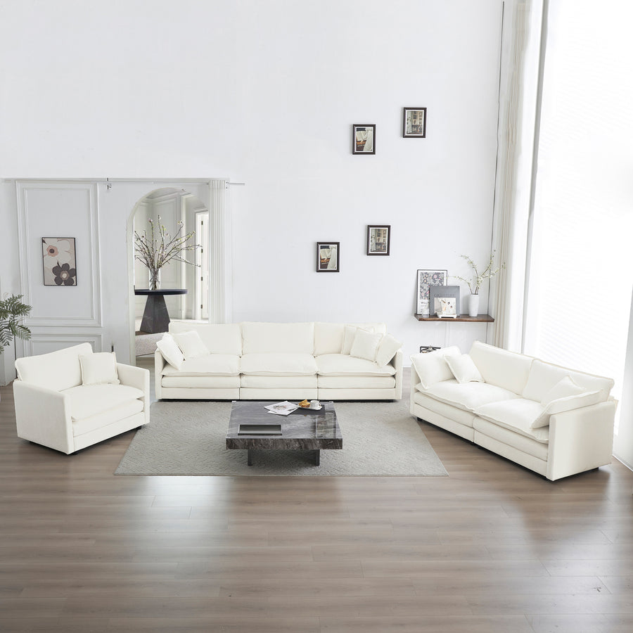 White Chenille 3-Piece Modern Oversized Deep Seat Sectional Sofa Set | 3-Seat Sofa, Loveseat & Single Sofa
