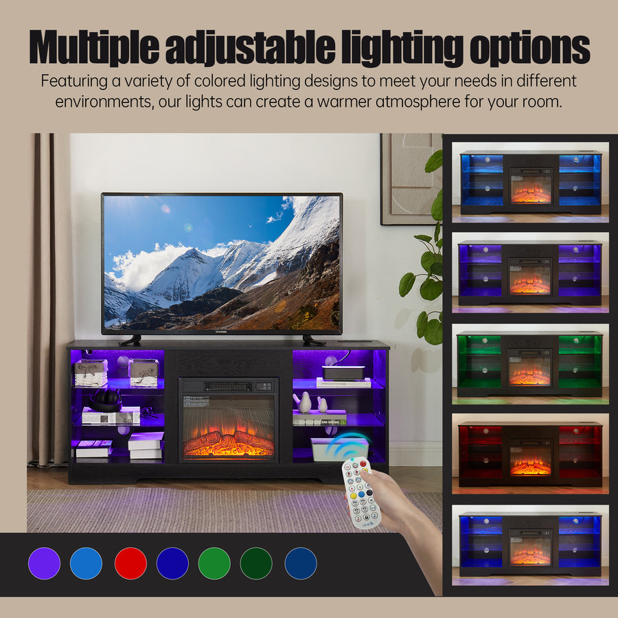 Electric Fireplace TV Stand with LED Lights and Glass Shelves, Black, view 2