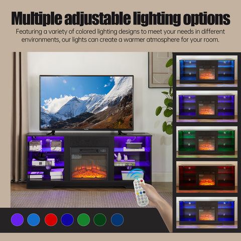 Electric Fireplace TV Stand with LED Lights and Glass Shelves, Black, view 2