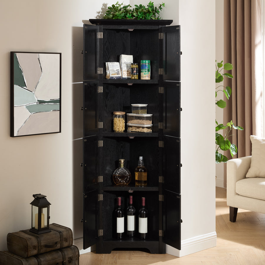 72" Corner Pantry Cabinet with 8 Doors and 4 Shelves, Black, view 2