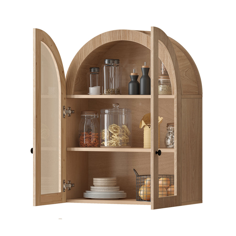 Arched Wall Cabinet with Tempered Glass Doors, Light Brown, view 10